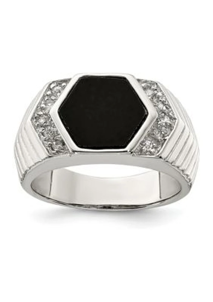 Men's Sterling Silver Cubic Zirconia and Onyx Ring