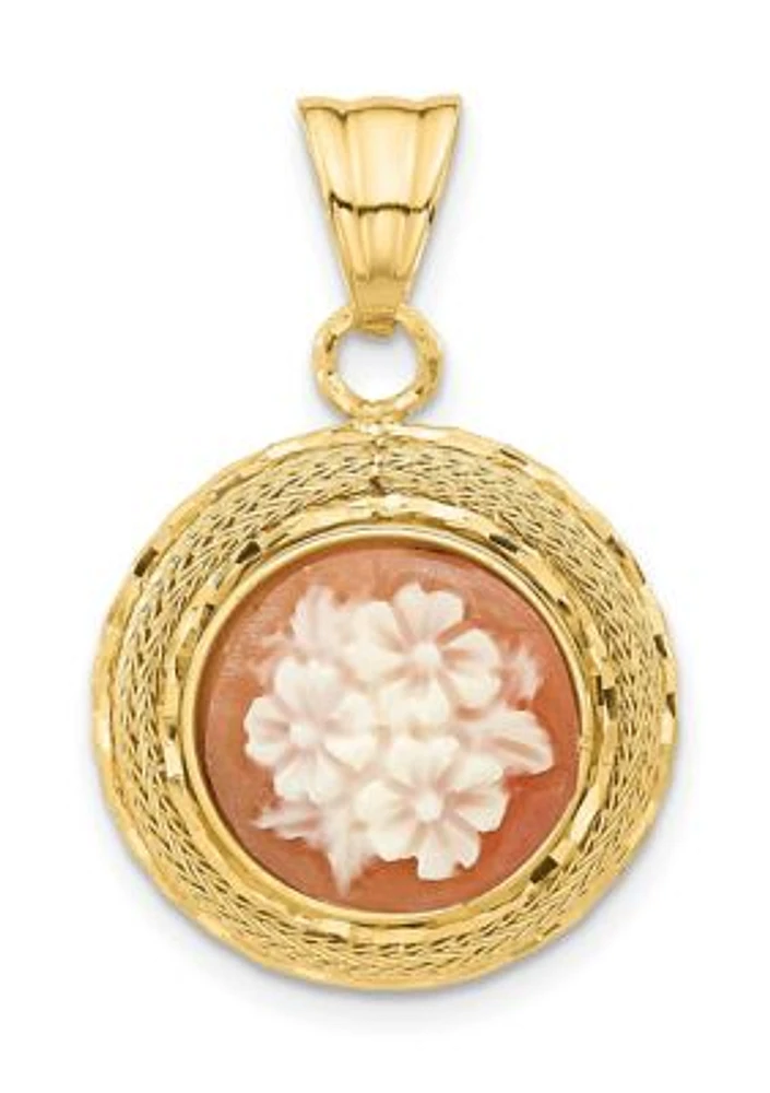 14K Yellow Gold Diamond Cut Natural Shell Floral Cameo Pendant