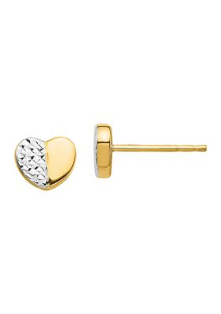 14K Yellow Gold and Rhodium Diamond-Cut Heart Post Earrings