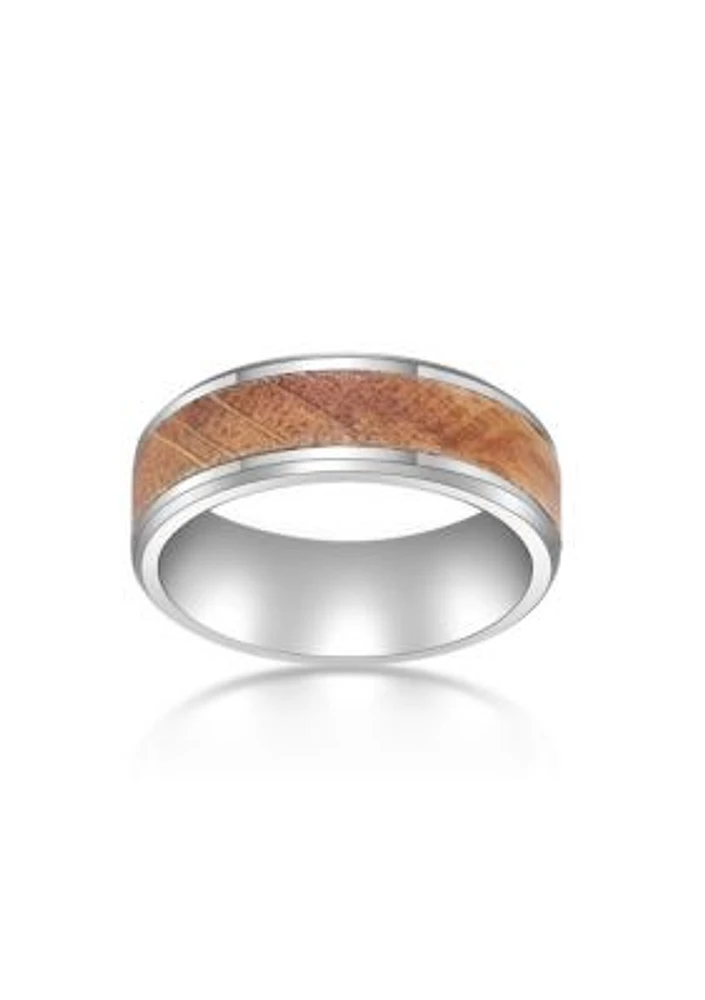 Stainless Steel Ring With Whisky Barrel Wood Inlay And Clear Resin