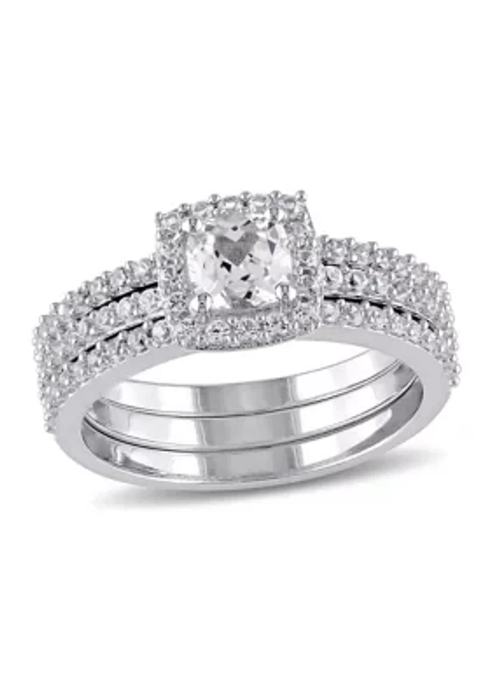 1.5 ct. t.w. Created White Sapphire Halo 3-Piece Bridal Set Sterling Silver