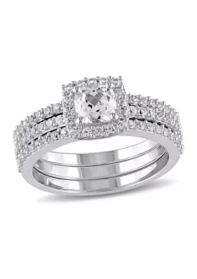 1.5 ct. t.w. Created White Sapphire Halo 3-Piece Bridal Set Sterling Silver