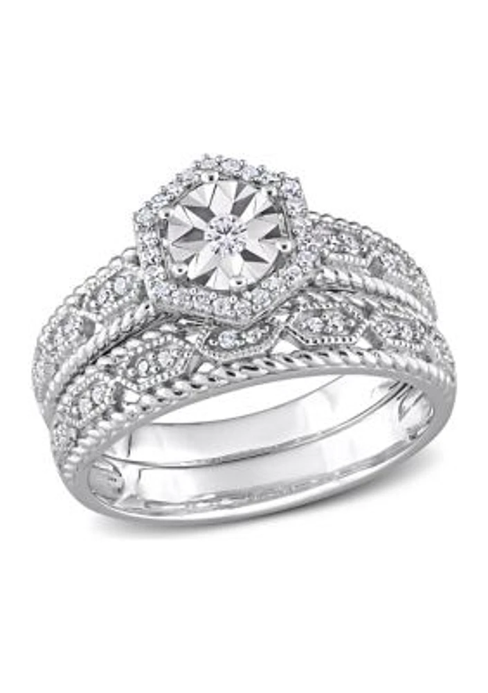 1/4 CT TW Diamond Hexagon Halo Bridal Ring Set Sterling Silver