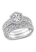1/4 CT TW Diamond Hexagon Halo Bridal Ring Set Sterling Silver