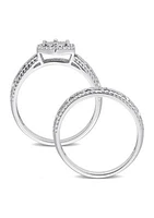 1/4 CT TW Diamond Hexagon Halo Bridal Ring Set Sterling Silver