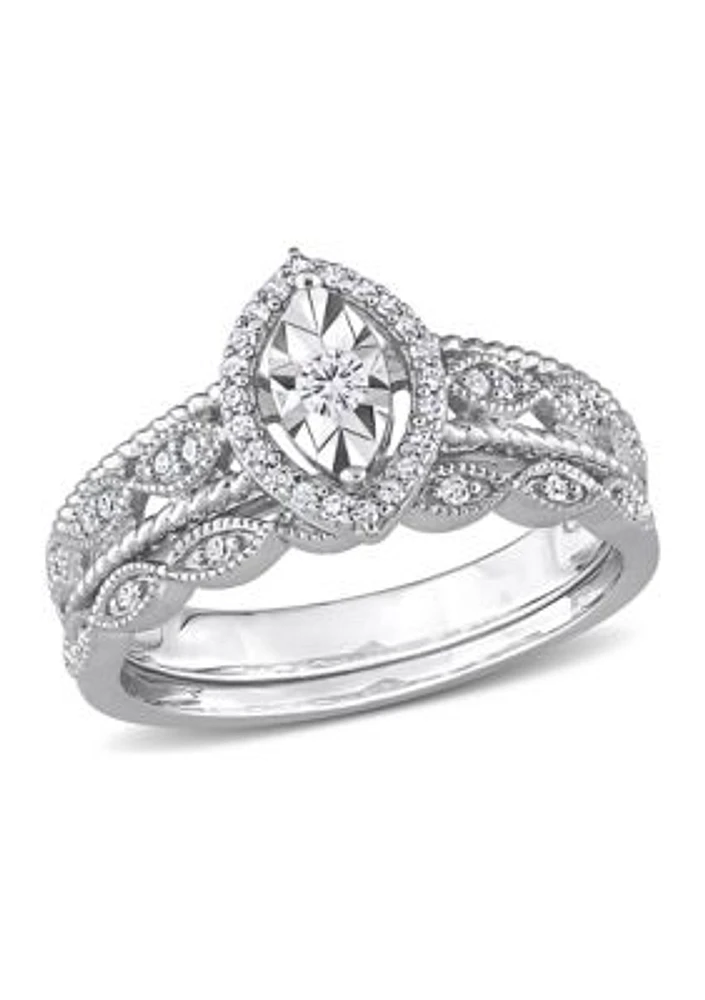 1/5 CT TW Diamond Oval Halo Bridal Ring Set Sterling Silver