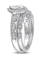 1/5 CT TW Diamond Oval Halo Bridal Ring Set Sterling Silver