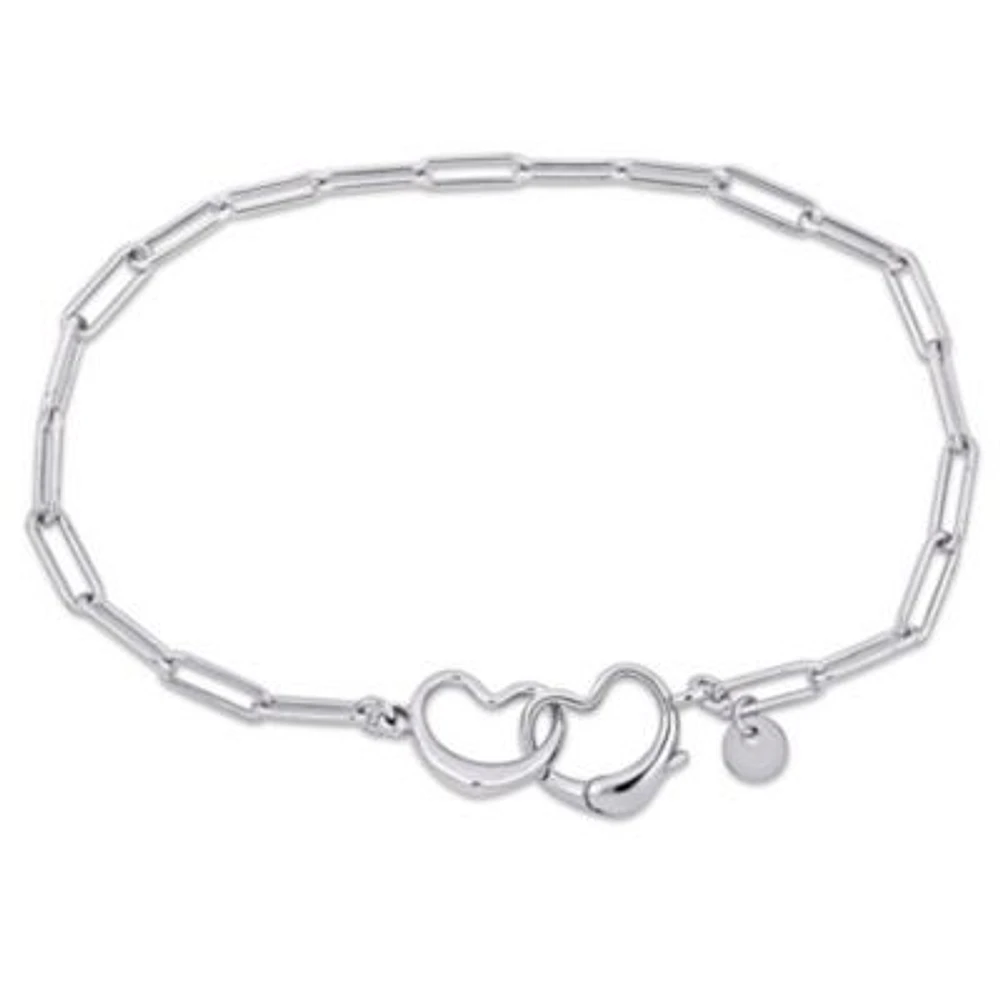 Paper Clip Link Bracelet with Double Heart Clasp in Sterling Silver - 7.5"