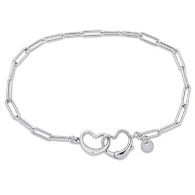 Paper Clip Link Bracelet with Double Heart Clasp in Sterling Silver - 7.5"