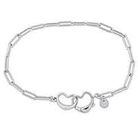 Paper Clip Link Bracelet with Double Heart Clasp in Sterling Silver - 7.5"