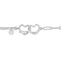 Paper Clip Link Bracelet with Double Heart Clasp in Sterling Silver - 7.5"
