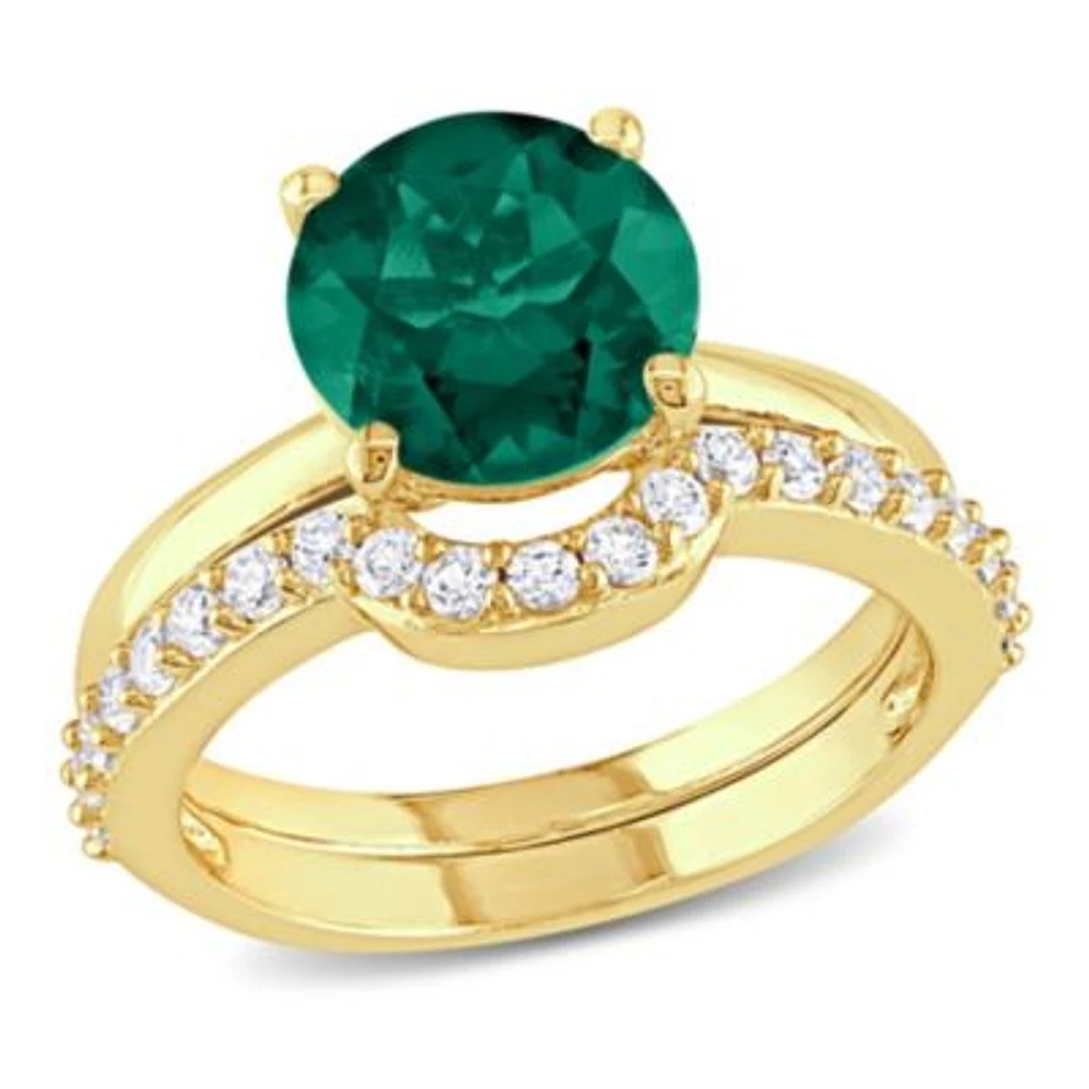 Lab Created Emerald and White Sapphire Bridal Ring Set 10K Yellow Gold