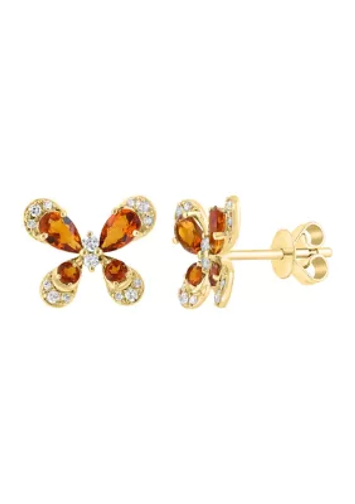 1/6 ct. t.w. Diamond and Madera Citrine Butterfly Earrings in 14K Yellow Gold
