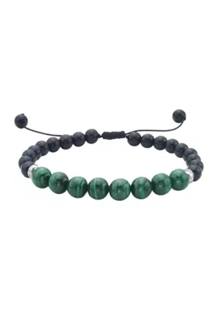 Sterling Silver Malachite, Onyx Men's Adjustable Bracelet