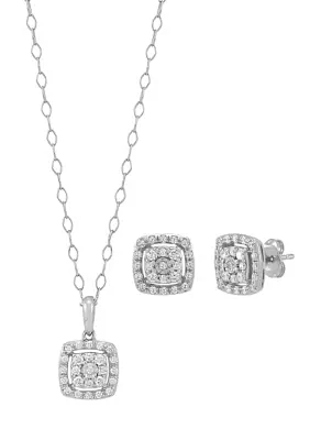 1/2 ct. t.w. Diamond Stud Earrings and Pendant with 18" Cable Chain in Sterling Silver