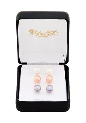 Button Pearl Stud Earrings Set in Sterling Silver