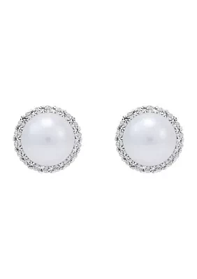 Lab Created 7-7.5 Millimeter Round Freshwater Pearl and Created White Sapphire  Stud Earrings in Sterling Silver