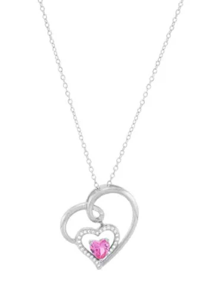 Lab Grown Pink and White Sapphire Heart Pendant with 18" Cable Chain in Sterling Silver