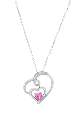 Lab Grown Pink and White Sapphire Heart Pendant with 18" Cable Chain in Sterling Silver