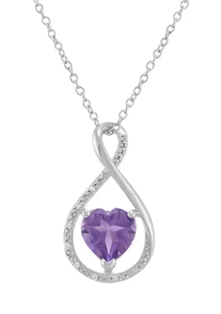 Heart Shape Amethyst and Diamond Accent Pendant Necklace with 18" Cable Chain in Sterling Silver