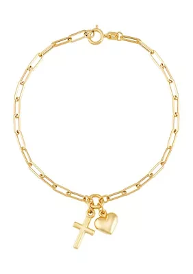 Cross and Heart Paperclip Bracelet in 10K Yellow Gold