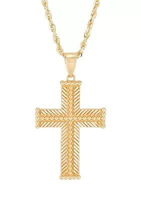 Beaded Cross Pendant with 20" Rope Chain Necklace in 10K Yellow Gold
