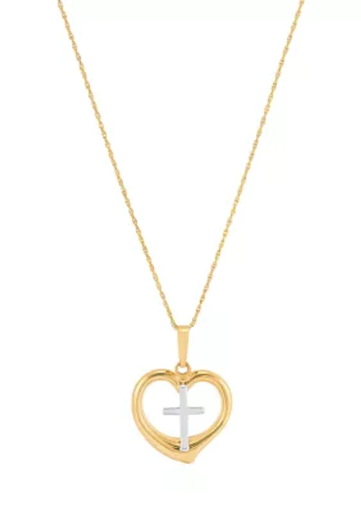 Cross in Heart Pendant Necklace with 18" Rope Chain in 10K Yellow Gold