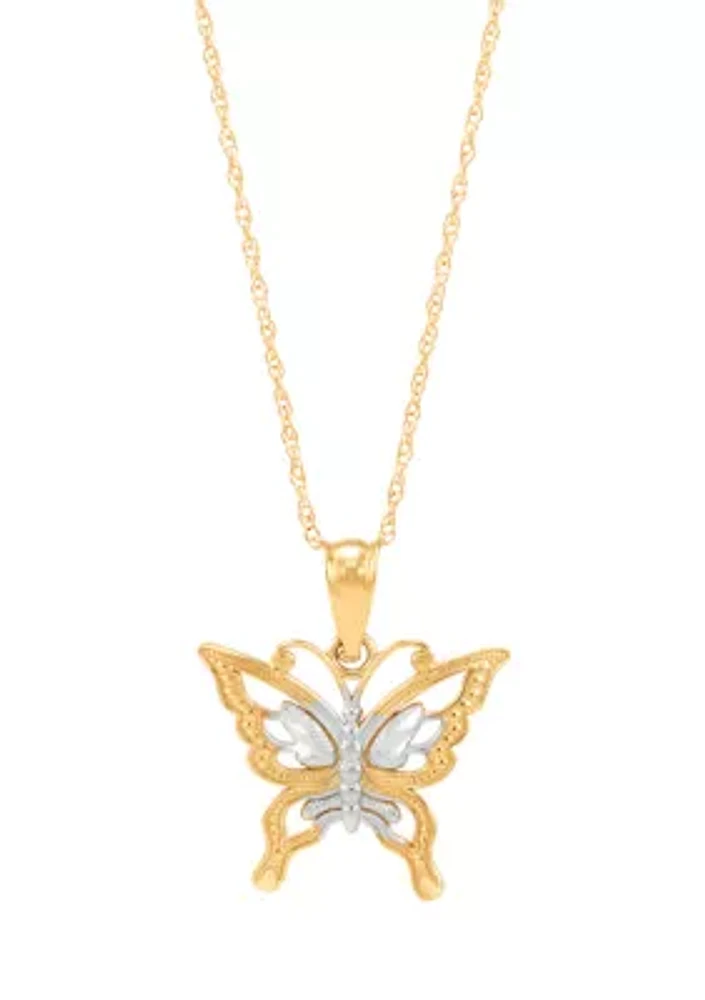 Butterfly Pendant Necklace with 18" Rope Chain in 10K Yellow Gold