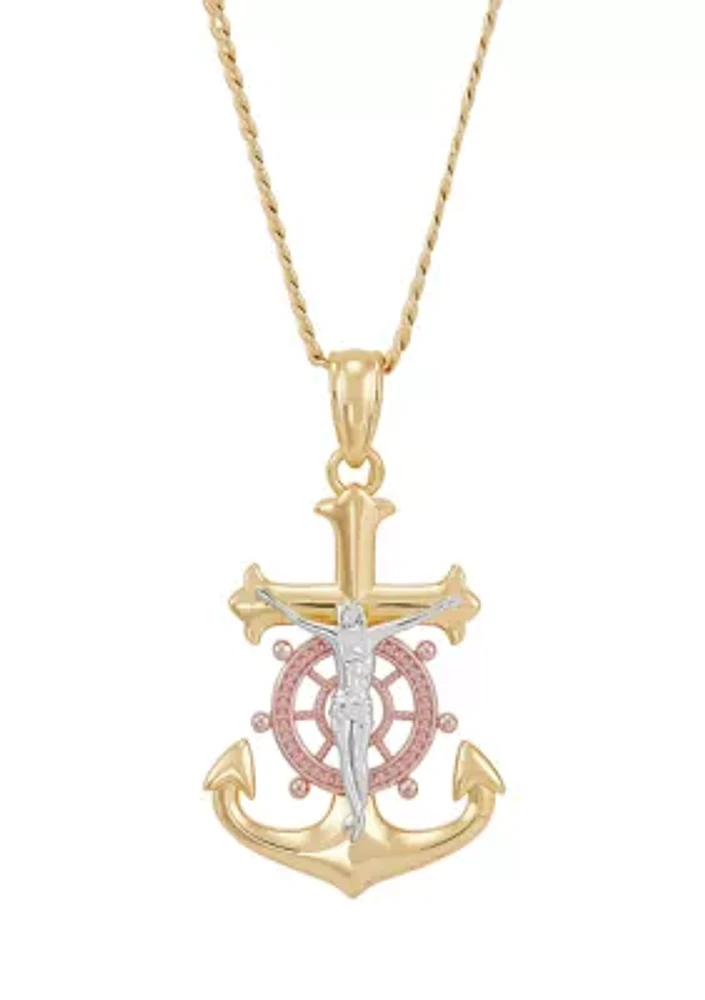 Anchor Crucifix Cross Pendant Necklace with 22" Curb Chain in Gold Over Sterling Silver