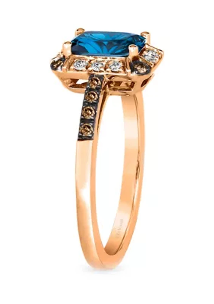 1.33 ct. t.w. Deep Sea Blue Topaz™, 1/10 Nude Diamonds™, Chocolate Diamonds® Ring 14K Strawberry Gold®