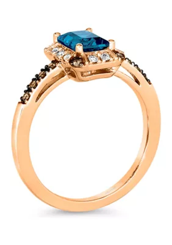 1.33 ct. t.w. Deep Sea Blue Topaz™, 1/10 Nude Diamonds™, Chocolate Diamonds® Ring 14K Strawberry Gold®