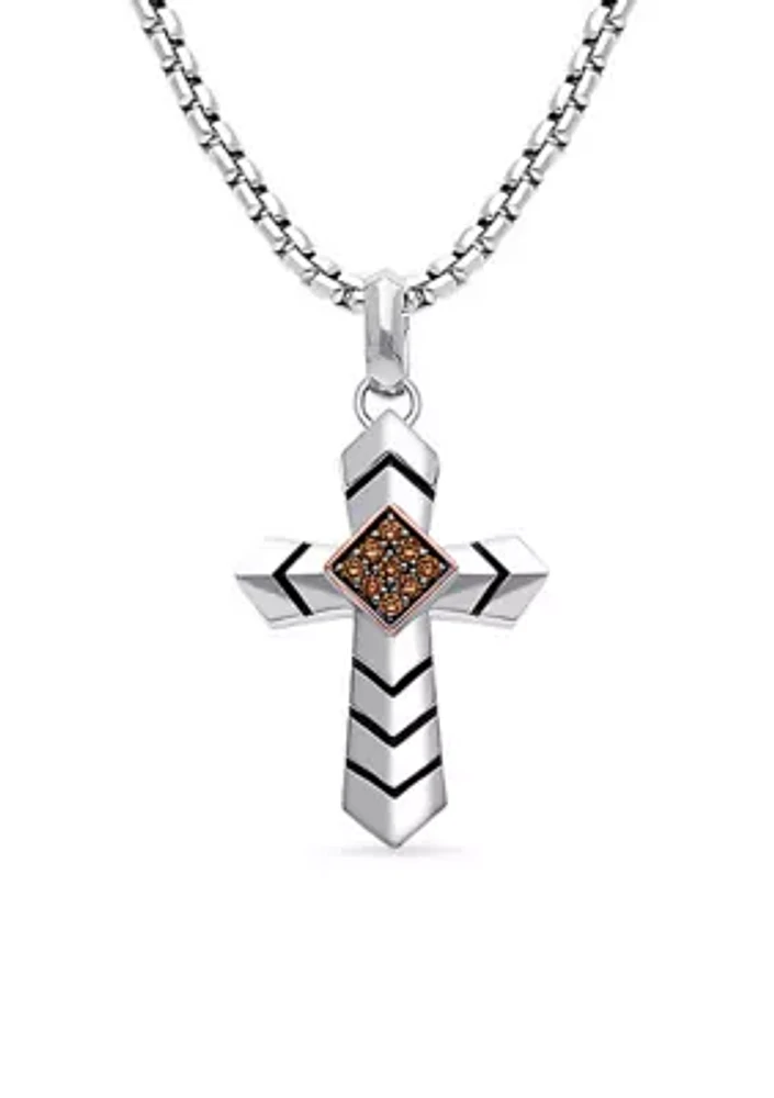 Men's 1/8 ct. t.w. Chocolate Diamonds® Cross Pendant Necklace in Sterling Silver and 14K Strawberry Gold®