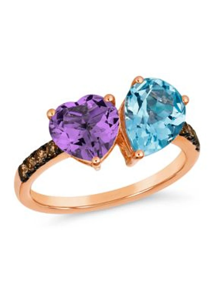 2 ct. t.w. Blue Topaz, 1.13 ct. t.w. Grape Amethyst™, 1/5 ct. t.w. Chocolate Diamonds® Ring in 14K Strawberry Gold®