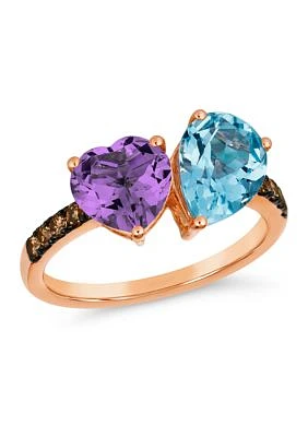 2 ct. t.w. Blue Topaz, 1.13 ct. t.w. Grape Amethyst™, 1/5 ct. t.w. Chocolate Diamonds® Ring in 14K Strawberry Gold®