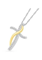 1/8 ct. t.w. 10k Yellow Gold and Sterling Silver Cross Pendant Necklace
