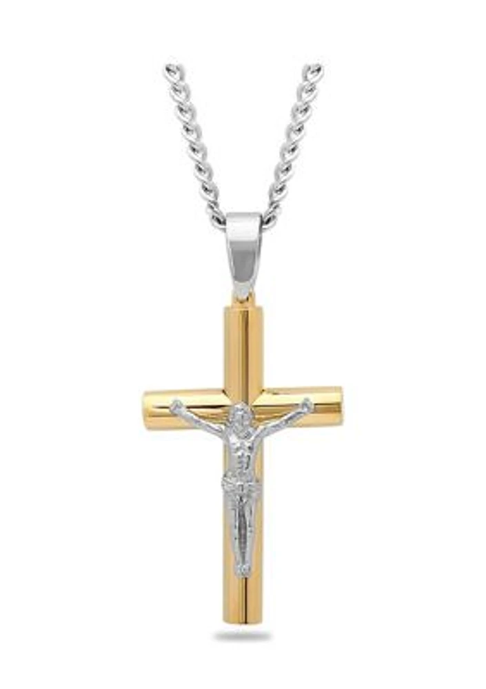 Rounded Crucifix Pendant Necklace in Two-Tone Stainless Steel