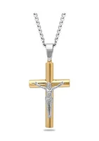 Rounded Crucifix Pendant Necklace in Two-Tone Stainless Steel