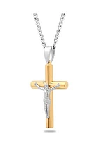 Rounded Crucifix Pendant Necklace in Two-Tone Stainless Steel