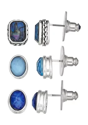 Silver Tone Blue Multi Stud Trio Set Earrings