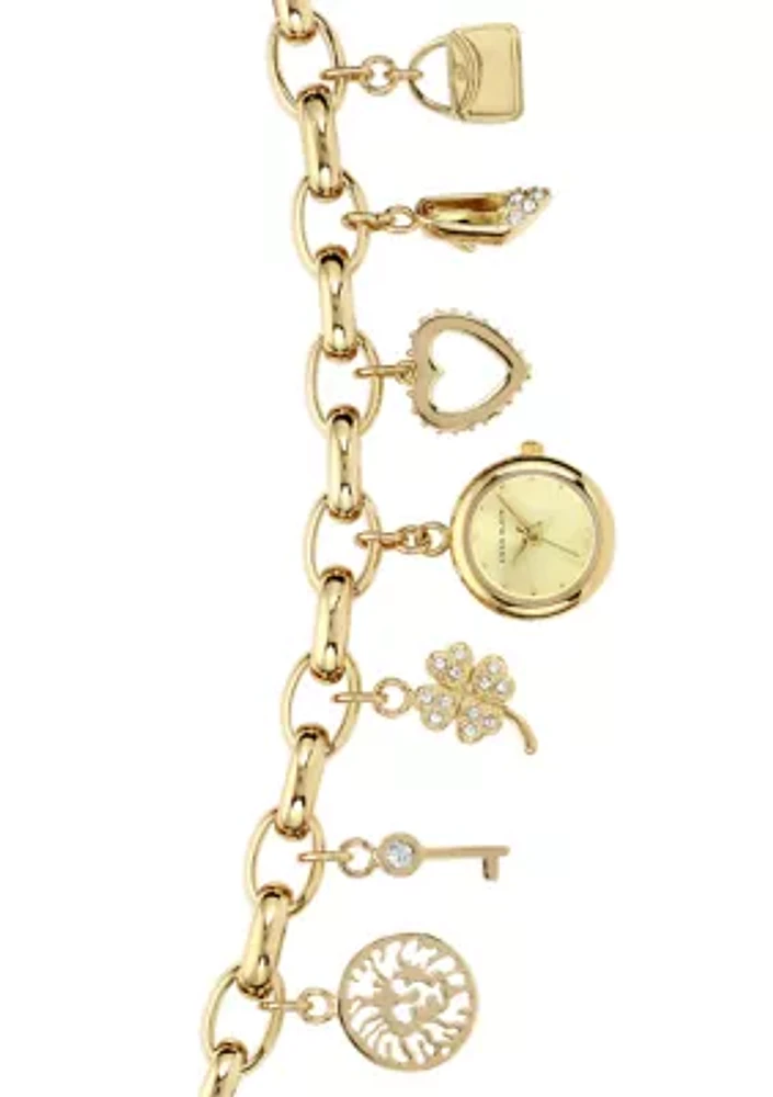 Quartz Crystal Accented Gold-Tone Metal Alloy Charm Bracelet Watch