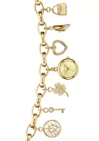Quartz Crystal Accented Gold-Tone Metal Alloy Charm Bracelet Watch