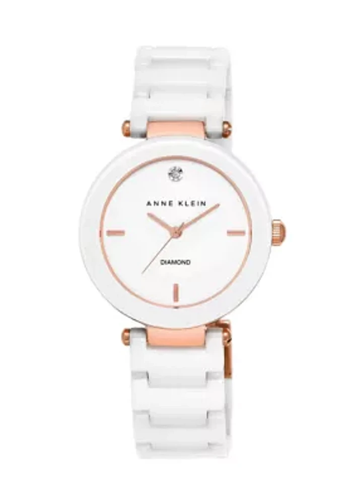 Quartz Round White Ceramic Link with Rose Gold Tone Metal Alloy Watch