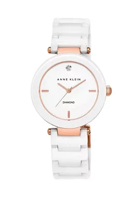 Quartz Round White Ceramic Link with Rose Gold Tone Metal Alloy Watch