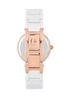 Quartz Round White Ceramic Link with Rose Gold Tone Metal Alloy Watch