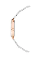Quartz Round White Ceramic Link with Rose Gold Tone Metal Alloy Watch