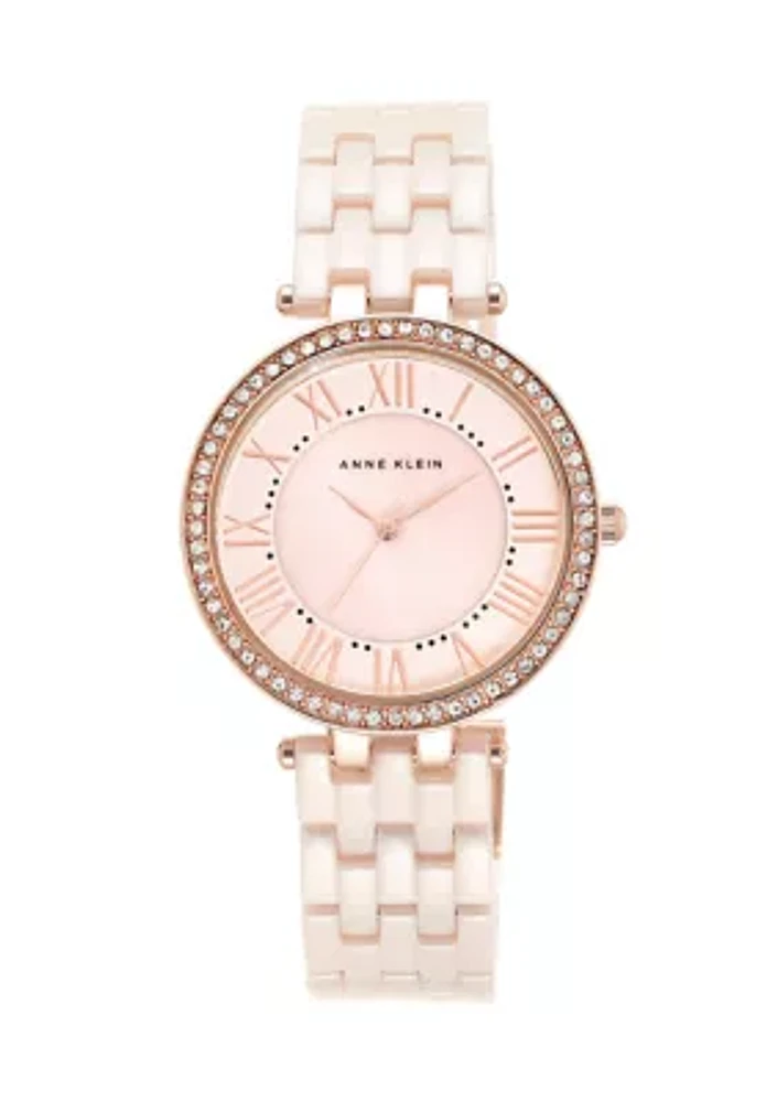 Quartz Round Pink Ceramic Link with Rose Gold-Tone Metal Alloy Watch