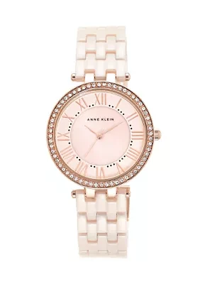 Quartz Round Pink Ceramic Link with Rose Gold-Tone Metal Alloy Watch