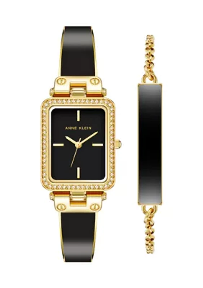 Women’s 22 Millimeter Gold-Tone Alloy and Black Enamel Bracelet Watch Set
