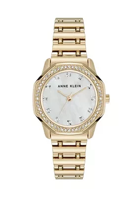 Quartz Crystal Accented Octagonal Alloy Metal Bracelet Watch