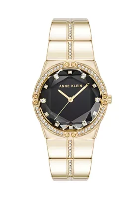 Quartz Faceted Crystal Bezel Gold-Tone Alloy Metal Watch